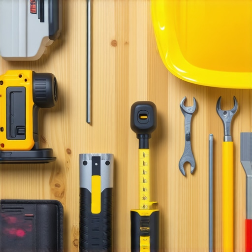 A collection of professional construction tools, including drills and laser measures, arranged neatly on a workbench.