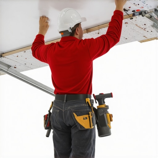 Worker installing fire-resistant drywall on garage ceiling, sealing joints with fire-rated compound.