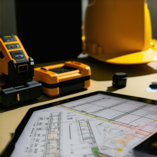 High-Tech Construction Site Tools Construction tools including digital devices and laser meters on a worktable.