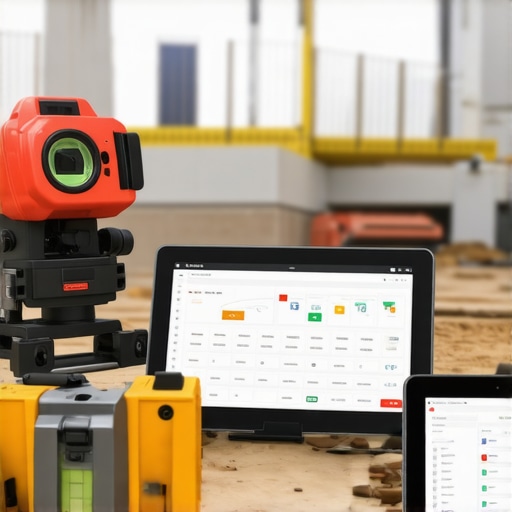 Construction tools like laser distance measurer and digital level in use at a busy construction site.