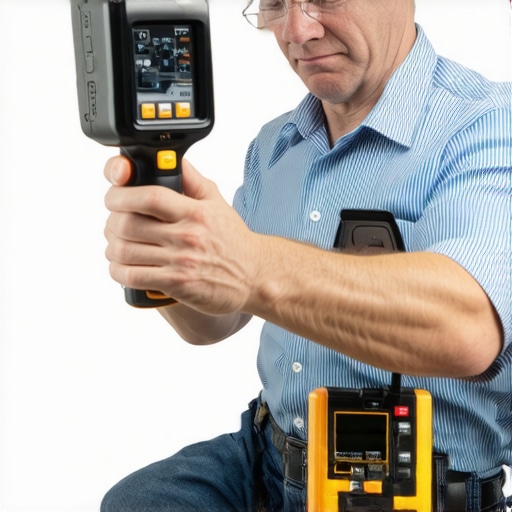 A homeowner inspecting walls with a moisture meter and thermal camera for early detection of issues.