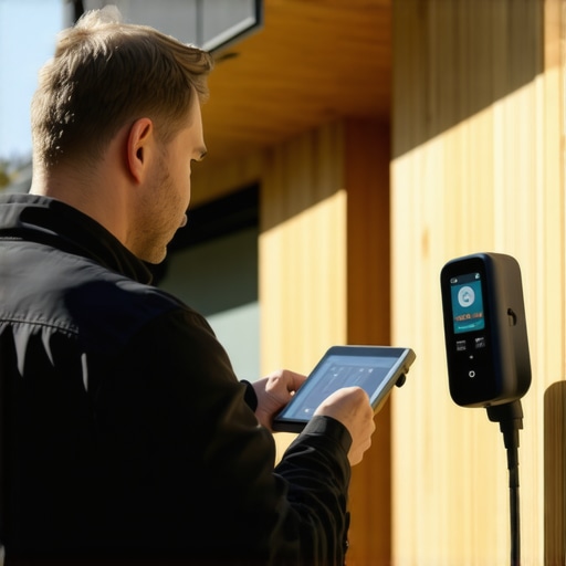 Person inspecting home exterior with advanced digital tools and sensors.