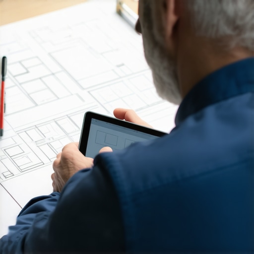 A person reviewing project management software on a tablet at a construction site.