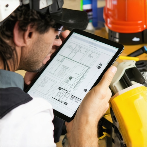Homeowner Reviewing Construction Plans A person analyzing home addition plans digitally amid construction tools.