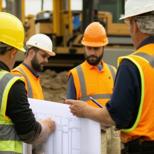 Homeowner inspecting construction site and discussing plans with contractors