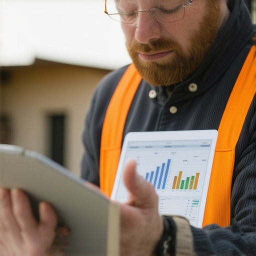 Person analyzing construction project estimates on a tablet with spreadsheets and software interfaces.