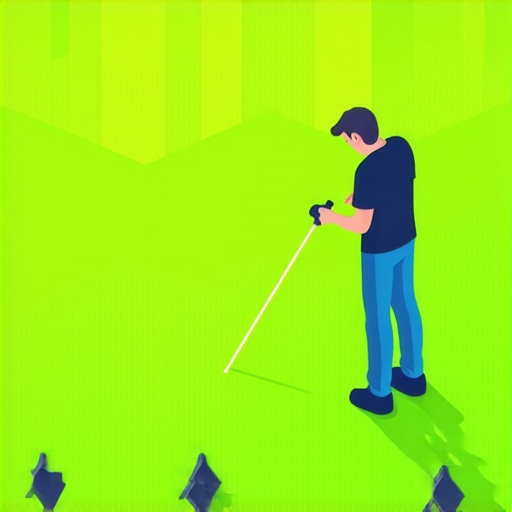 Person measuring property lot boundaries with laser tool and marking stakes