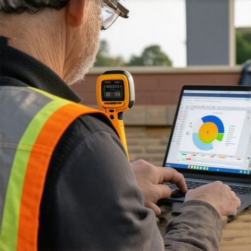 Homeowner using estimation and measurement tools for home addition Person working with digital shading software and laser measuring device at construction site