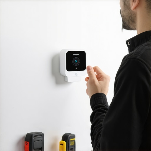 Close-up of a homeowner checking a smart home device with tools on a workbench.