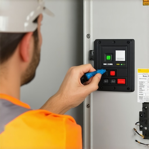 Close-up of an electrician checking labels on a home electrical breaker panel