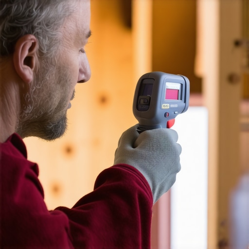 A person holding an infrared thermometer aimed at house wall to check for insulation issues
