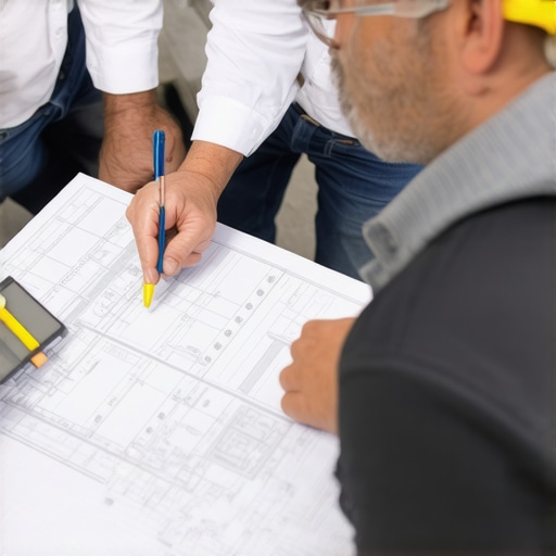Inspections and Plan Reviews Lead to Accurate Estimates Construction inspector reviewing detailed building plans with contractor team