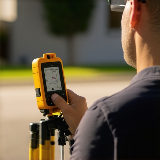 Surveyor with GPS equipment marking property boundaries in a neighborhood.