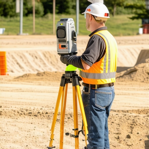 Surveyor mapping property lines with GPS device in a suburban neighborhood.