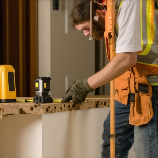 Construction worker measuring foundation depth with laser level and measuring rod
