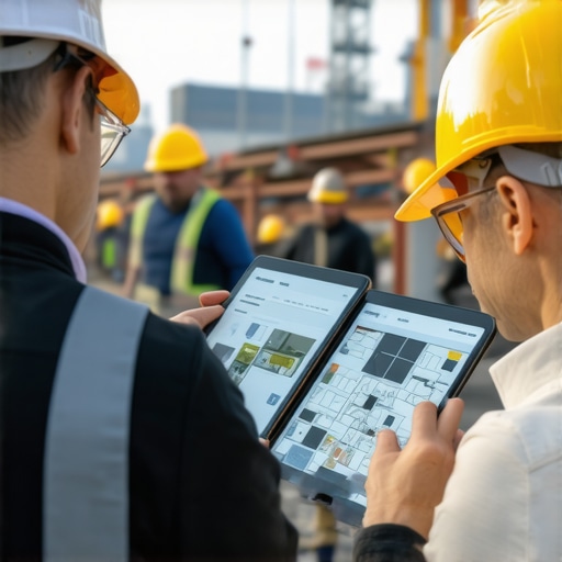 Modern Construction Management Tools in Action Construction workers reviewing digital project plans on tablets at a construction site