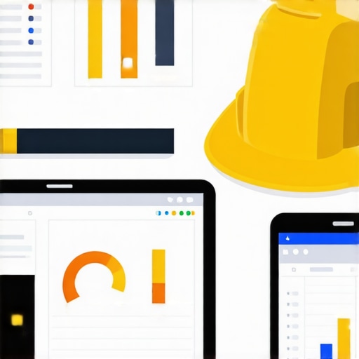 Construction site with digital devices and planning software in use.