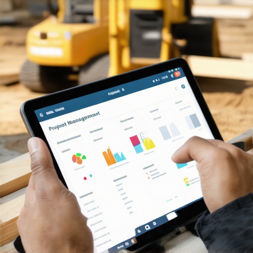 Modern Construction Site with Digital Tools A construction site manager reviewing project plans on a tablet device amidst active construction.