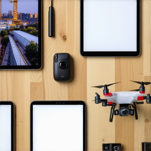 Construction site equipped with digital tools, tablets, and drones demonstrating modern project management