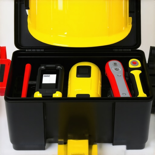 Modern Construction Tools for Maintenance A toolbox with digital measuring devices and a smartphone displaying project management app