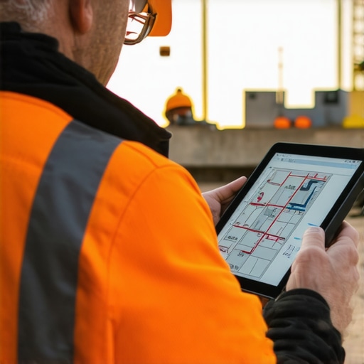 Modern Construction Tools in Action A builder using a tablet with construction plans and a laser measure on a construction site.