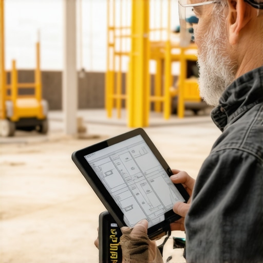 A person measuring a building with a laser distance meter next to digital plans.