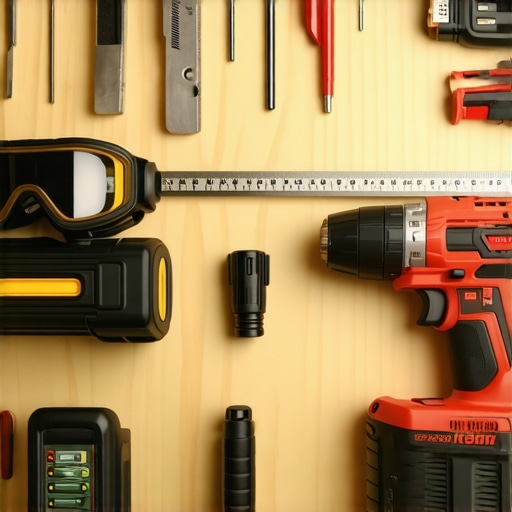Various construction tools like a laser measure, cordless drill, and safety goggles arranged on a workbench, illustrating proper maintenance and tool selection.