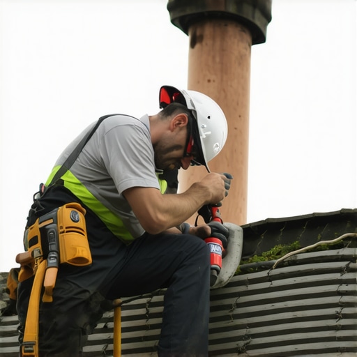 Worker using laser measurement device on roof to determine chimney height
