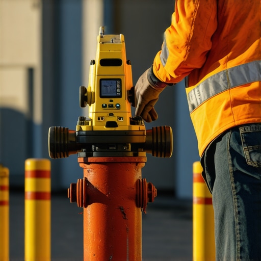 Surveyor measuring distance from fire hydrant to property
