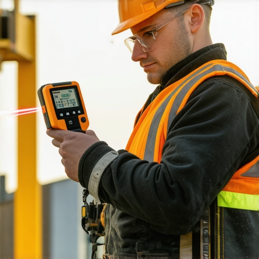 Builder measuring distances with a laser tool on site to ensure accuracy