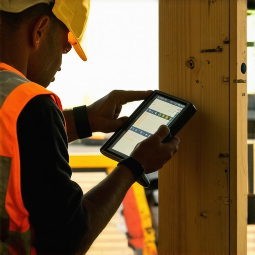Homebuilder with digital tablet and laser measure on site