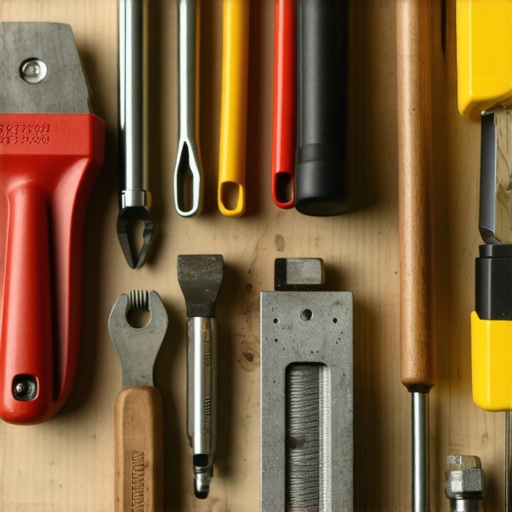 A workspace showing organized construction tools and machinery being inspected and maintained.