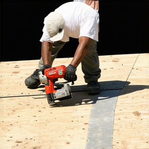 Proper Nail Pattern Application on Roof A person demonstrating correct nail spacing on roof sheathing with a chalk line and nail gun.