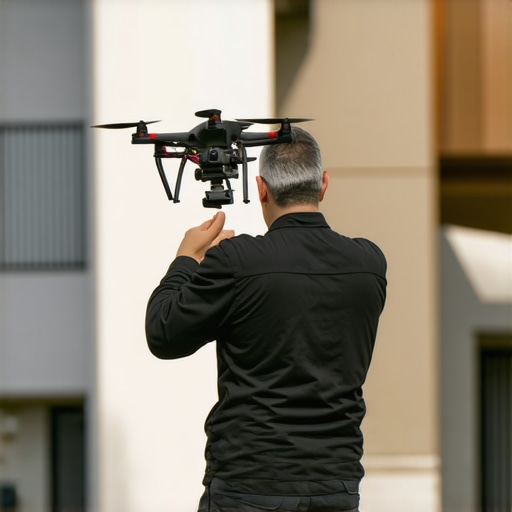 Surveyor operating a drone over neighboring fences and screens for property boundary measurement.