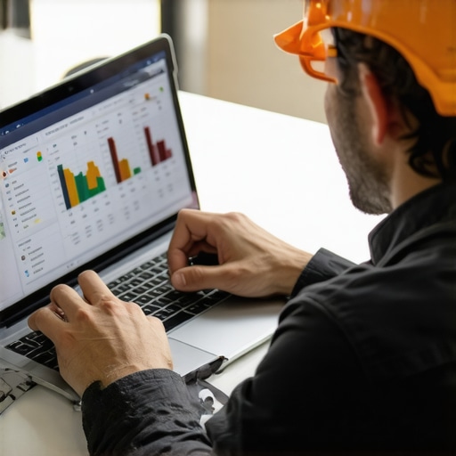 Construction manager analyzing a computer screen with material cost breakdown and surcharge details.