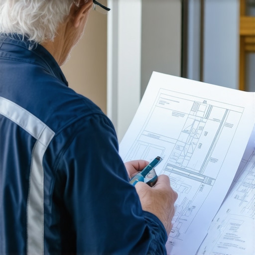 Contractor and homeowner examining fire sprinkler plans on-site