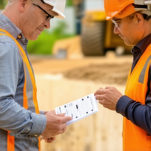 Construction manager and subcontractor reviewing insurance documents during project discussion.