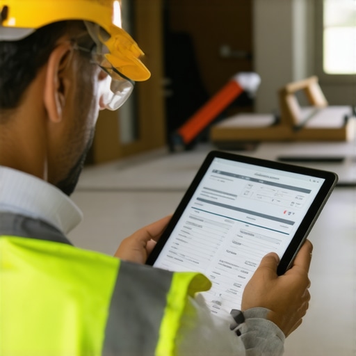 Contractor examining building permits and fire safety regulations on a tablet in a renovation project.