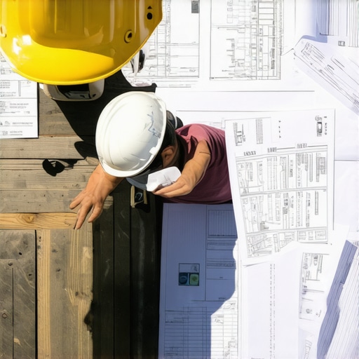Contractor examining project estimates and permits at construction site.