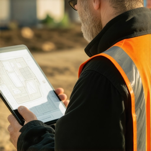 Surveyor analyzing grading plan on-site using a tablet