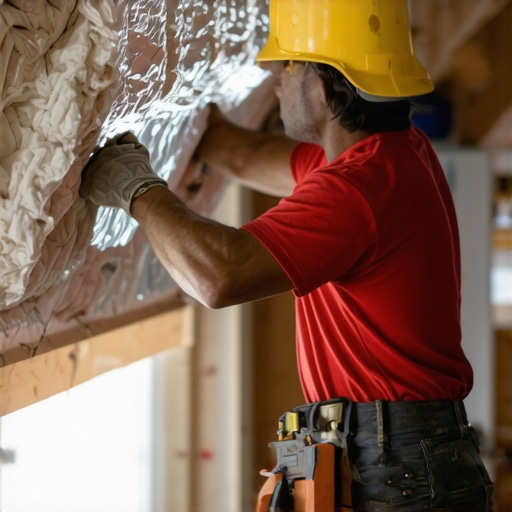A worker applying foil tape to seal insulation gaps in an attic ceiling