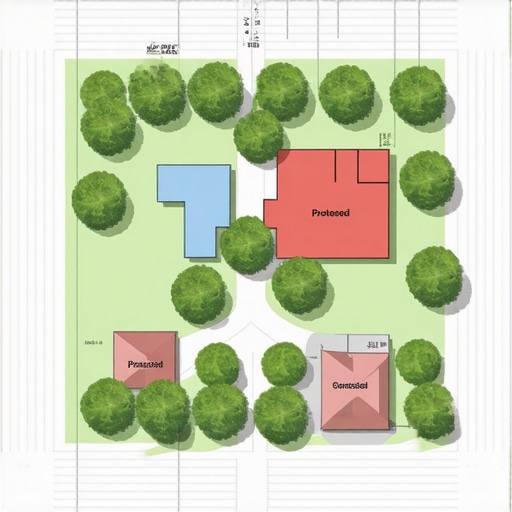 A property map showing existing trees and proposed building placement