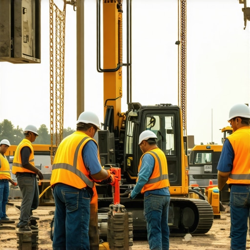 Construction workers utilizing IoT-enabled sensors on machinery for predictive maintenance