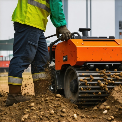 Worker compacting soil with plate compactor for driveway