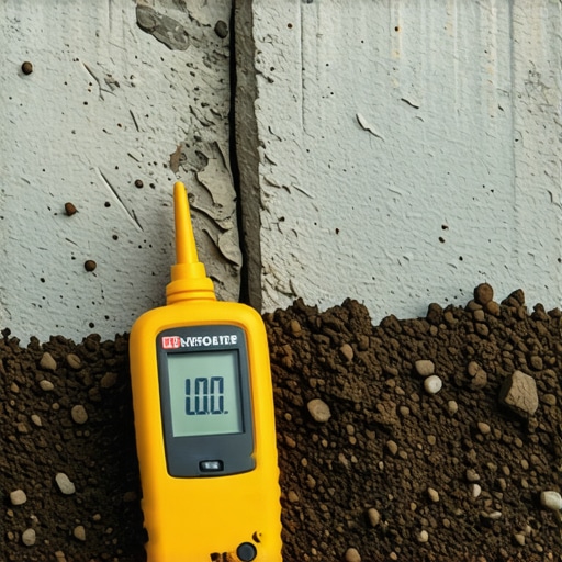 Person using a digital moisture meter to check soil moisture around a building foundation