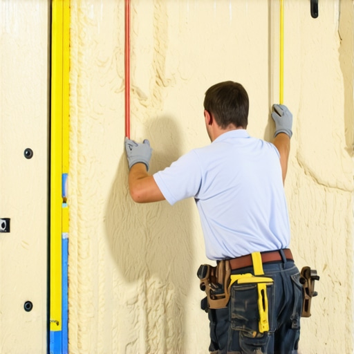 Worker installing soundproofing material in a residential multi-family wall