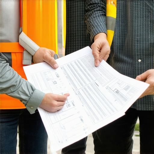 Construction team discussing permit approval process with digital tablets and blueprints