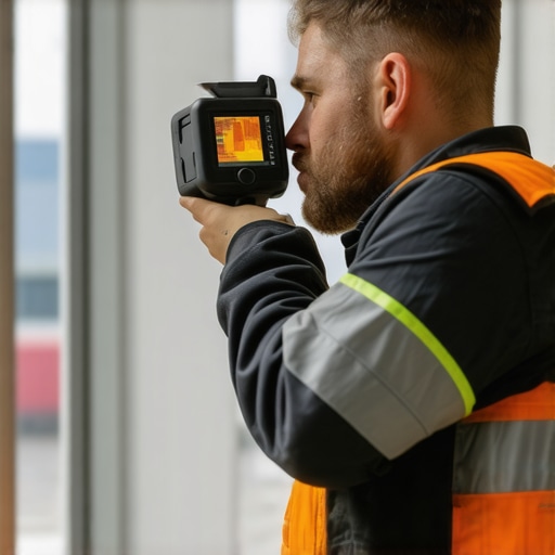 A construction worker conducting a thermal image inspection to detect moisture issues in a building structure.