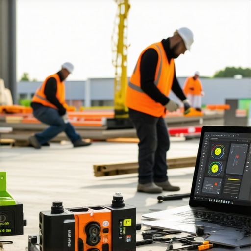 Construction workers using laser levels and managing digital project plans on site