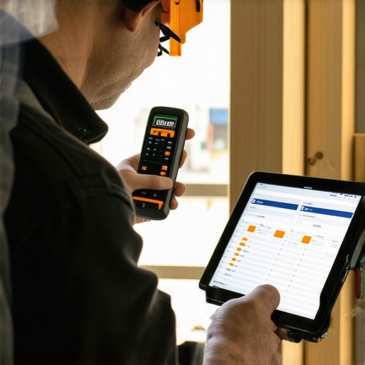 Handyman measuring building dimensions with laser device during maintenance check
